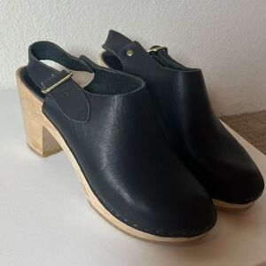 Bryr Studio Black Leather Clogs 36 6 6.5 Suzie wood high heel buckle strap